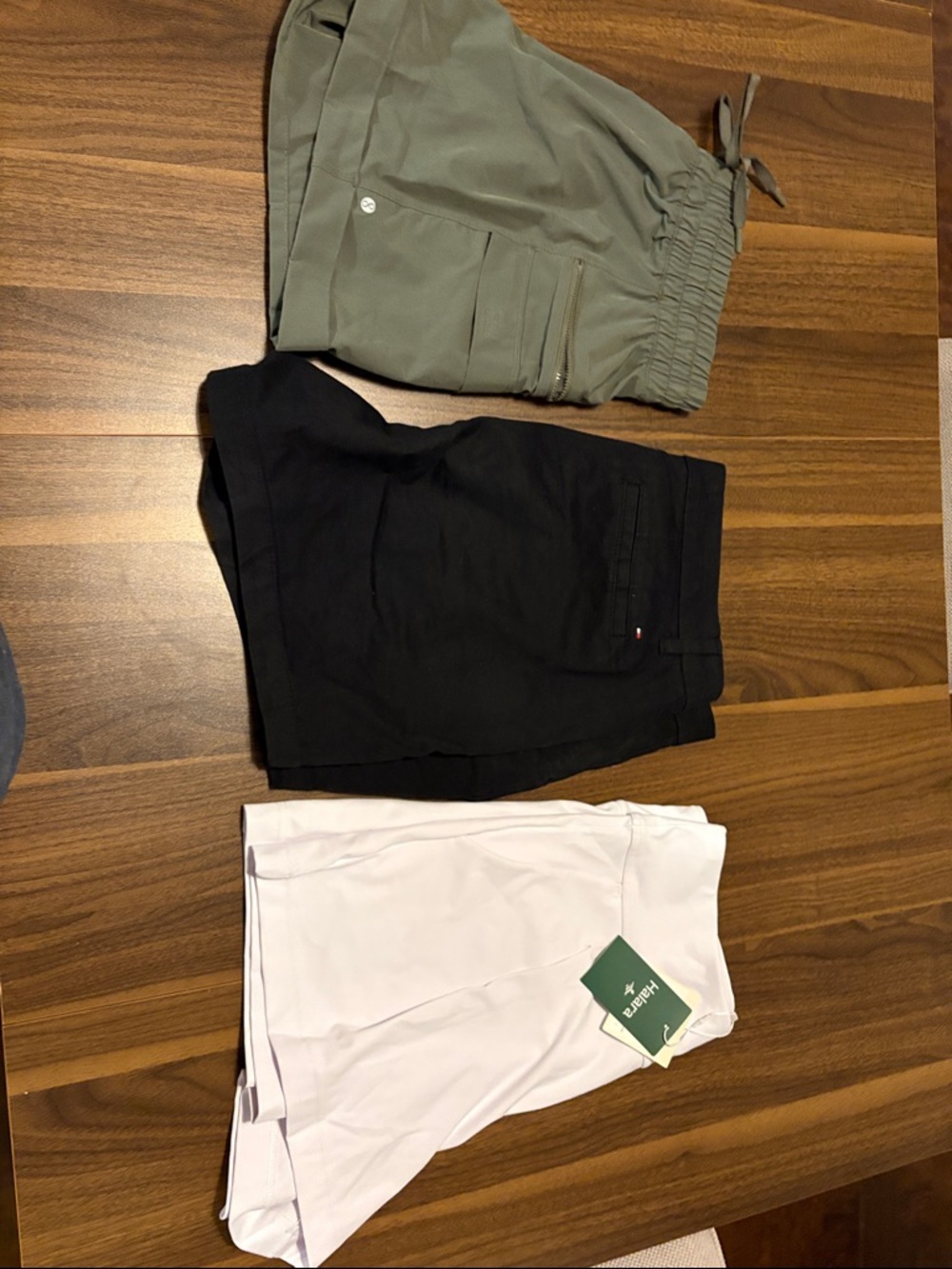 Three Casual Shorts - Olive Drawstring, Black, White